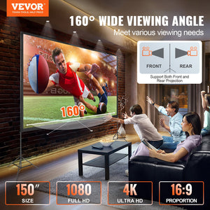 Projector Screen with Stand 150 Inch | 16:9 4K HD Wrinkle-Free Outdoor Movie Screen | Tripod Stand & Carry Bag Included