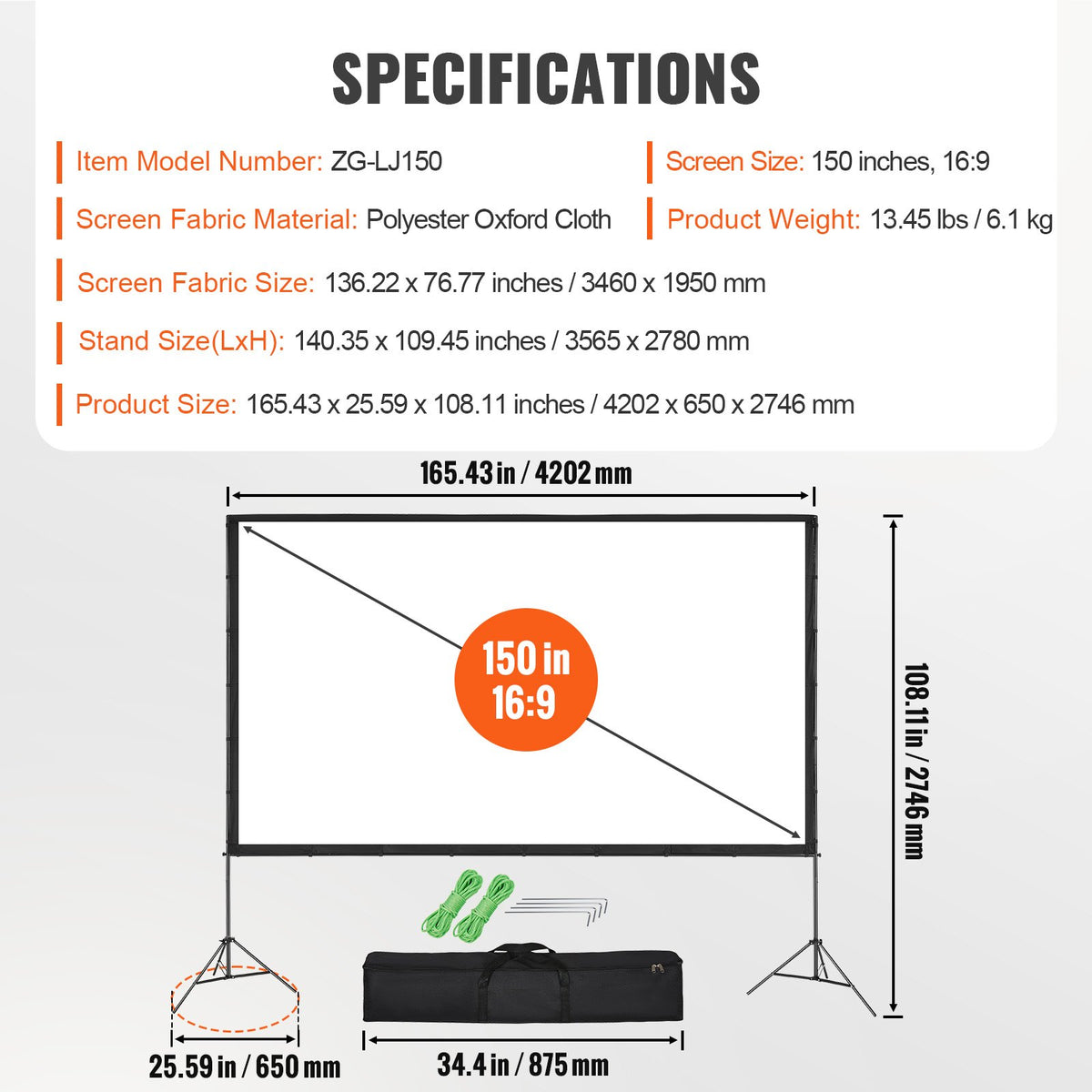 Projector Screen with Stand 150 Inch | 16:9 4K HD Wrinkle-Free Outdoor Movie Screen | Tripod Stand & Carry Bag Included
