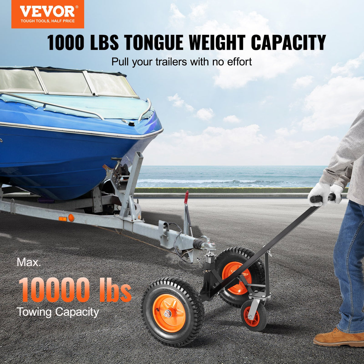 Adjustable Trailer Dolly | 1000lb Tongue Weight Capacity | 2" Ball, Pneumatic Tires, 19–26" Adjustable Height for RV, Boat, Trailer
