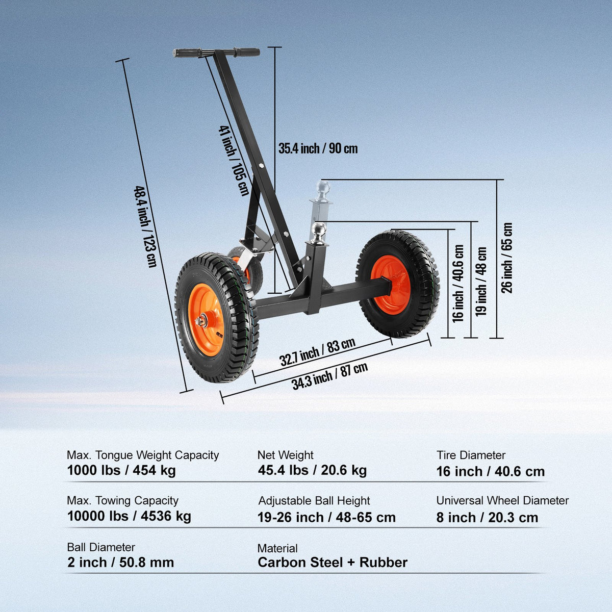 Adjustable Trailer Dolly | 1000lb Tongue Weight Capacity | 2" Ball, Pneumatic Tires, 19–26" Adjustable Height for RV, Boat, Trailer