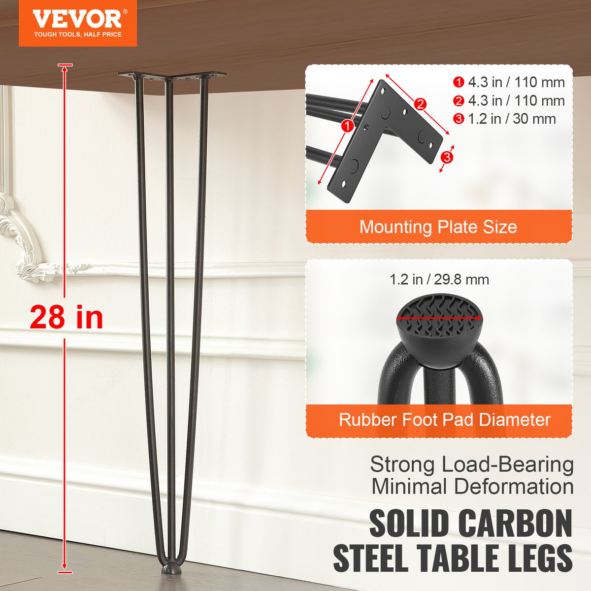 Hairpin Table Legs 0.7m | Set of 4 | 408kg Load Capacity | 3-Rod Solid Carbon Steel Black