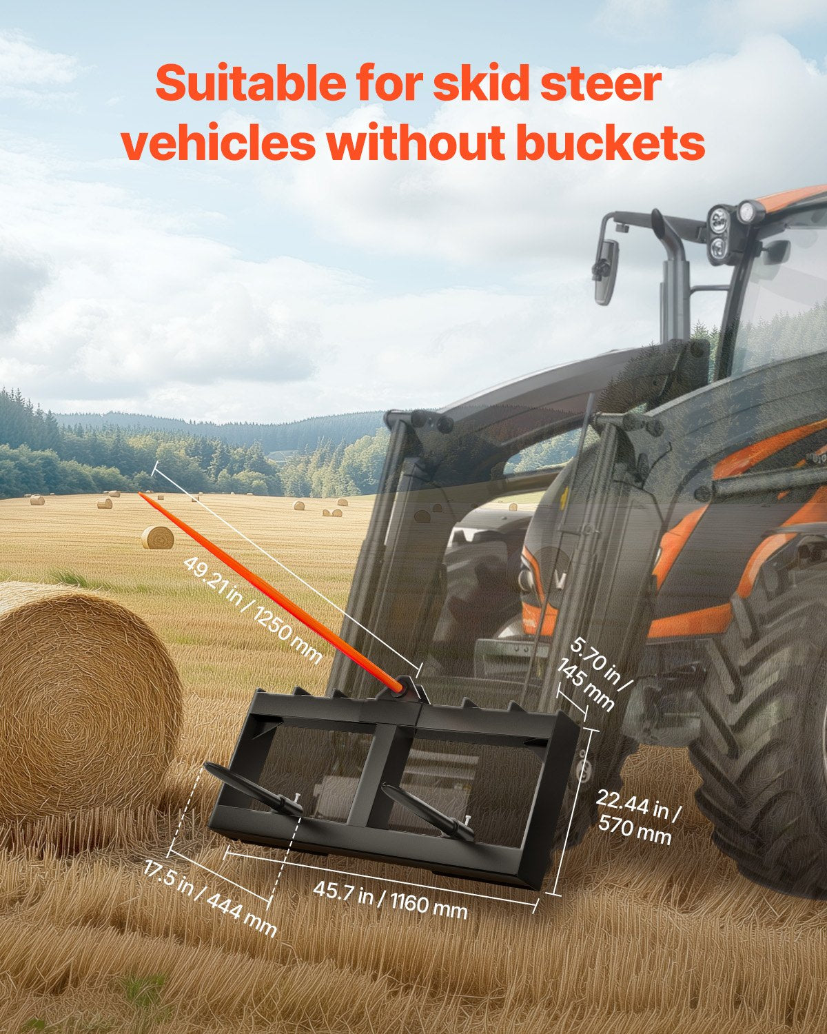 Hay Spear Bale Spike | 49" with 2 Stabilizers | 726kg Load Capacity Tractor Loader Attachment