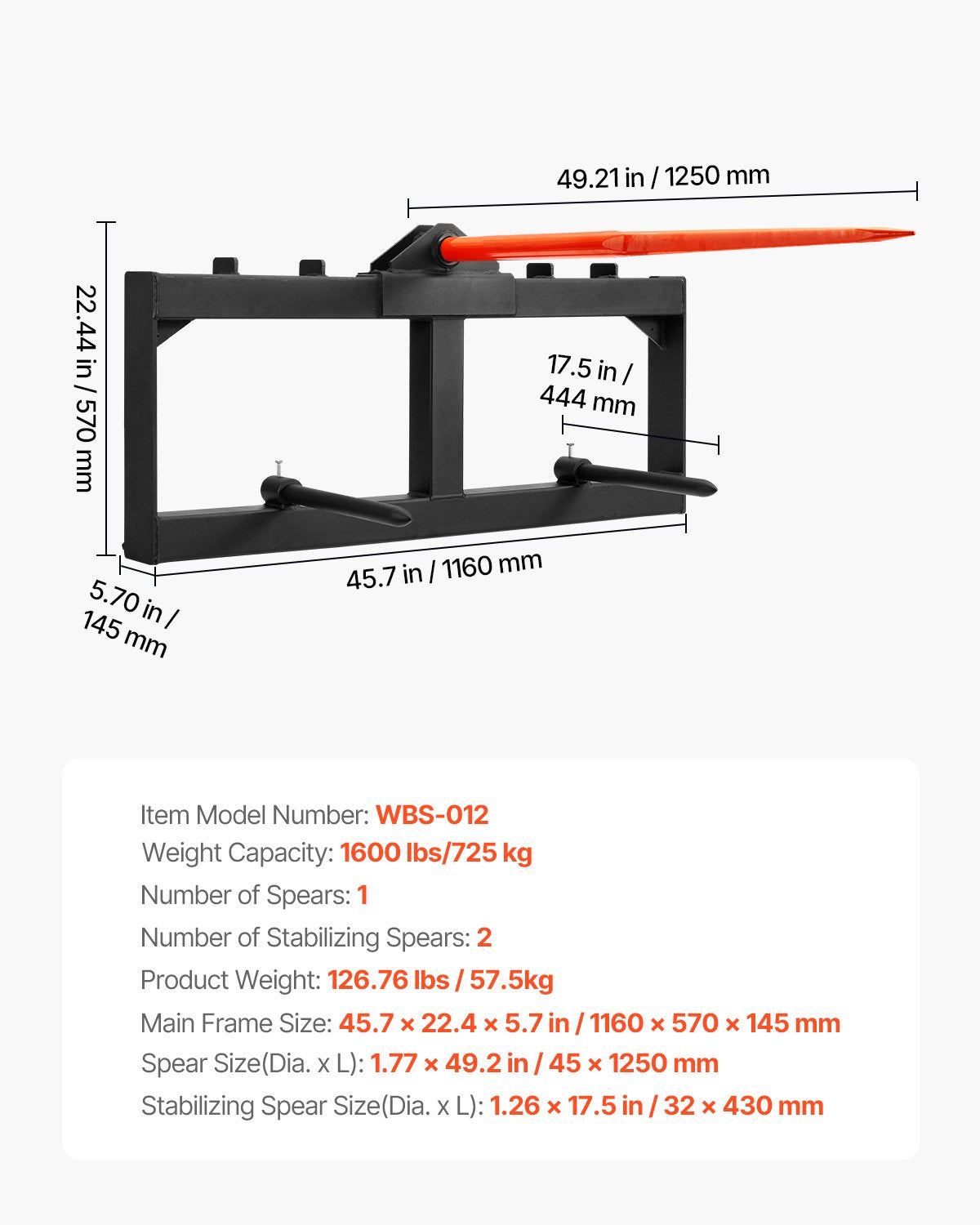 Hay Spear Bale Spike | 49" with 2 Stabilizers | 726kg Load Capacity Tractor Loader Attachment