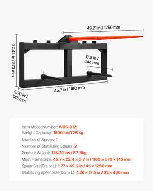 Hay Spear Bale Spike | 49" with 2 Stabilizers | 726kg Load Capacity Tractor Loader Attachment
