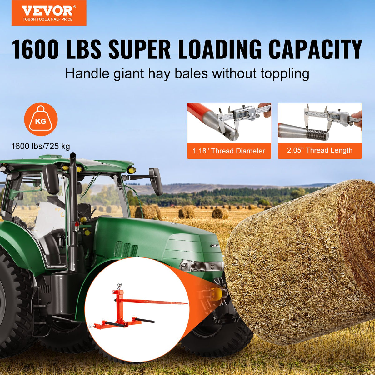 Hay Spear | 49" Bale Spike | 726kg Load | 3-Point Hitch Tractor Attachment with 2x 17.5" Stabilizer Spears