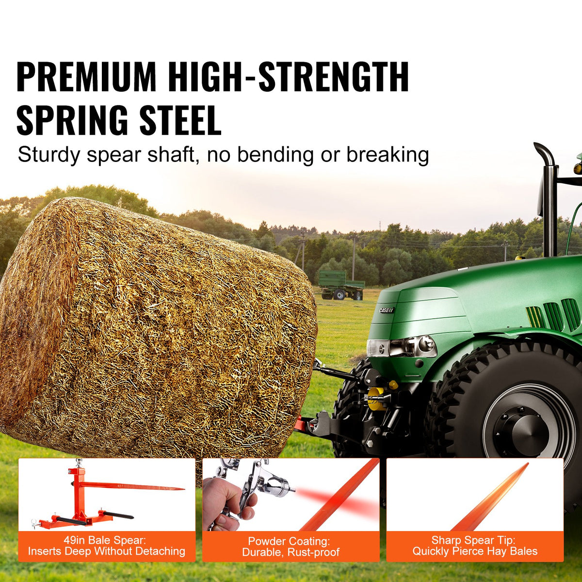 Hay Spear | 49" Bale Spike | 726kg Load | 3-Point Hitch Tractor Attachment with 2x 17.5" Stabilizer Spears