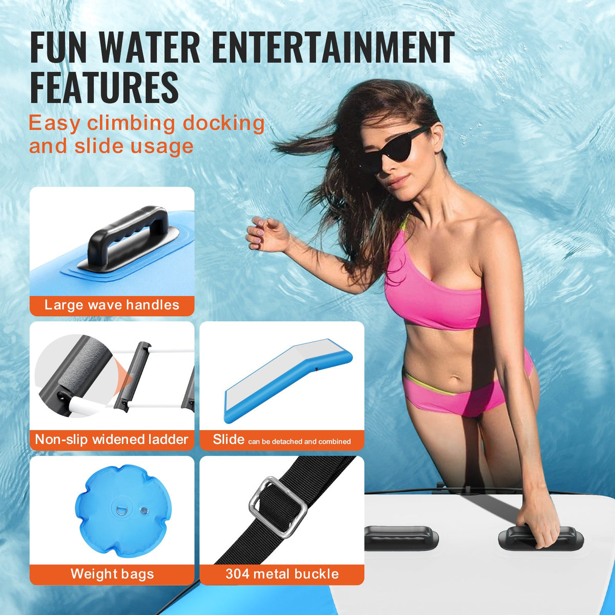 Inflatable Water Bouncer 10FT | Recreational Water Trampoline with Slide, Ladder & Pump | Floating Swim Platform for Pool, Lake & Water Sports