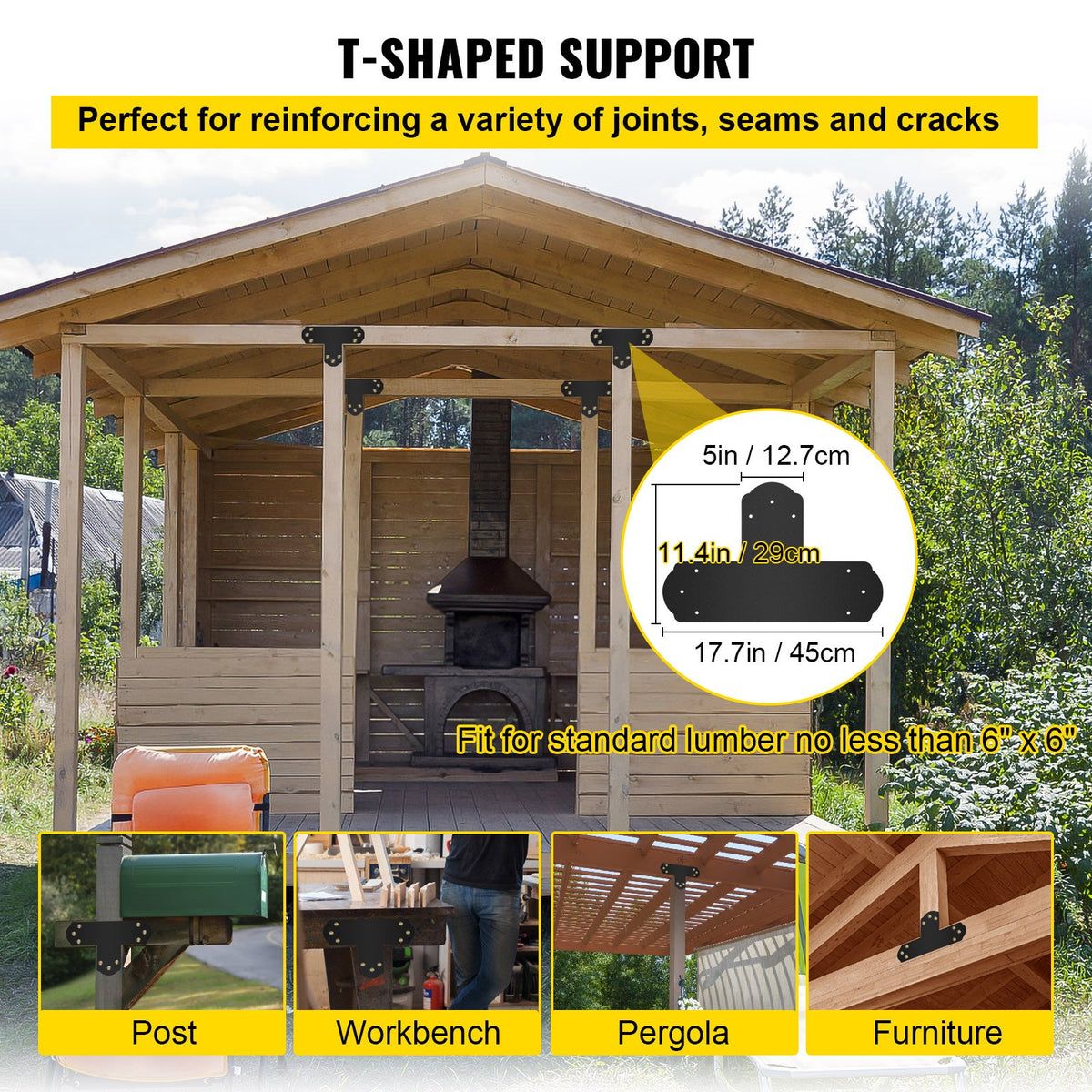 T Mending Plate Set | 8-Piece 6" Black Steel Flat Connector for Post & Beam Joints