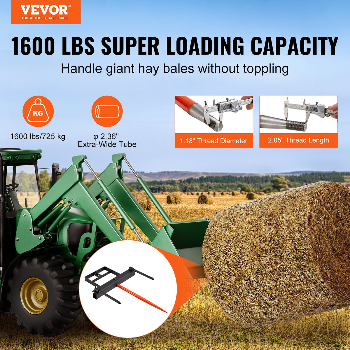 Hay Spear | 39" Bale Spike 726kg Load | Skid Steer Loader Tractor Attachment with 2x 17.5" Stabilizers & 60" Chain