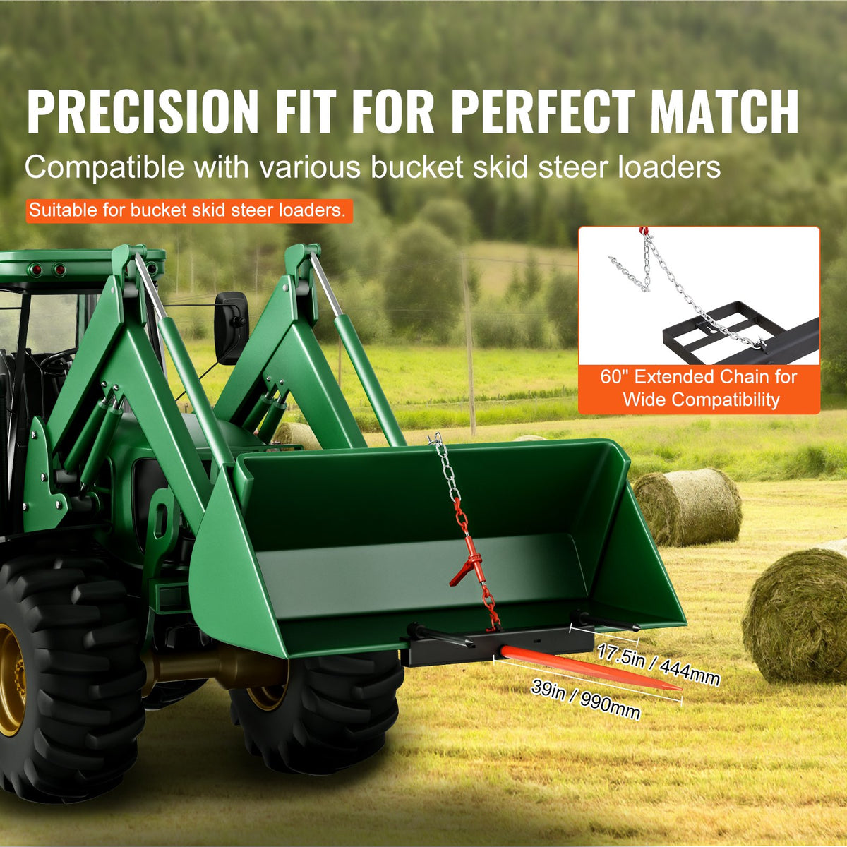 Hay Spear | 39" Bale Spike 726kg Load | Skid Steer Loader Tractor Attachment with 2x 17.5" Stabilizers & 60" Chain