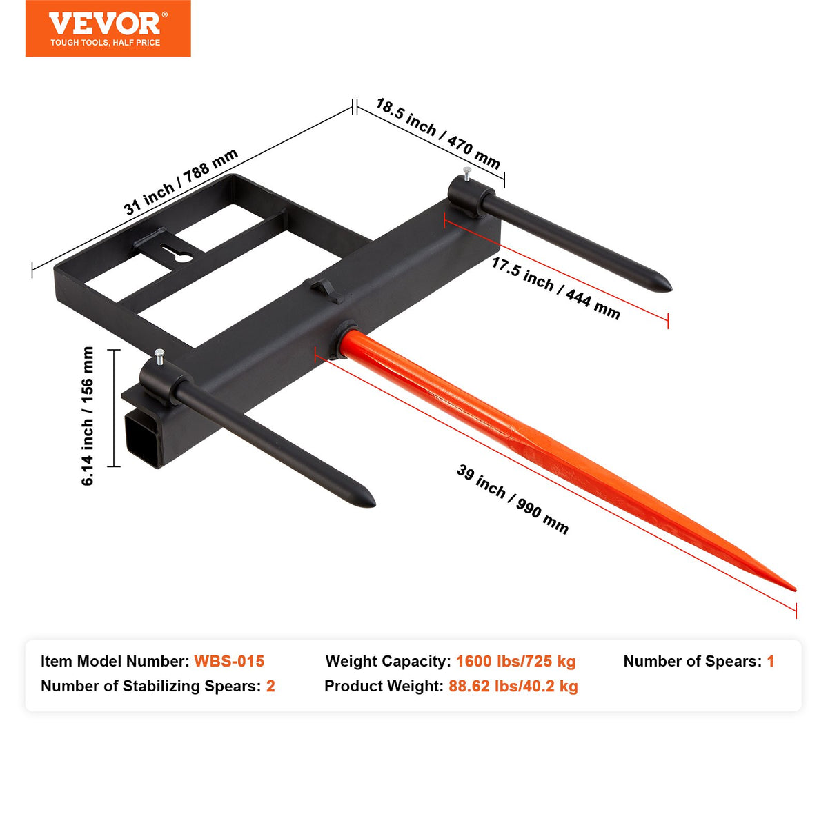 Hay Spear | 39" Bale Spike 726kg Load | Skid Steer Loader Tractor Attachment with 2x 17.5" Stabilizers & 60" Chain