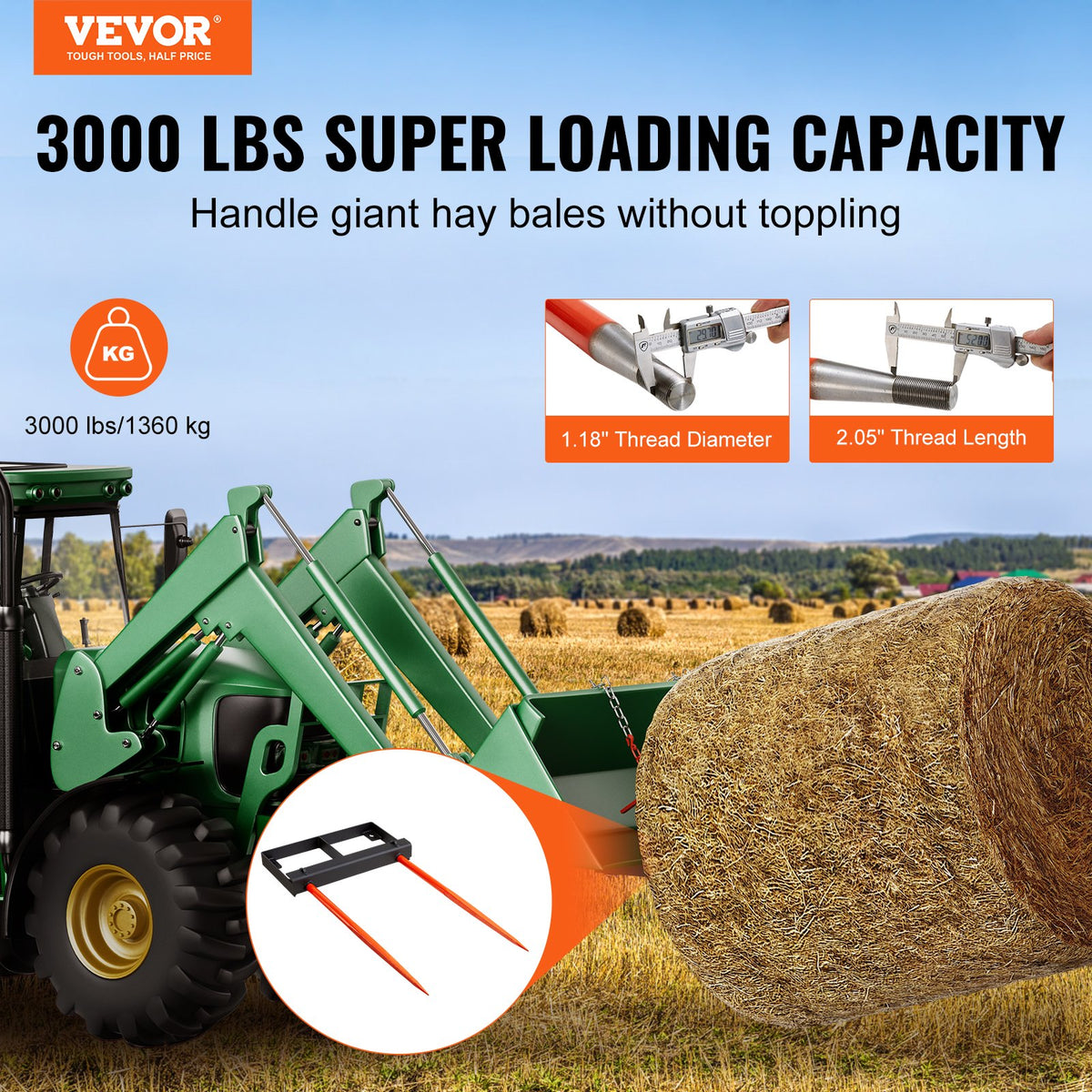 Hay Spear | 49" Bale Spike 1360kg Load | Skid Steer Tractor Bucket Attachment with 2x Stabilizers & 60" Chain