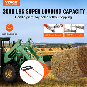 Hay Spear | 49" Bale Spike 1360kg Load | Skid Steer Tractor Bucket Attachment with 2x Stabilizers & 60" Chain