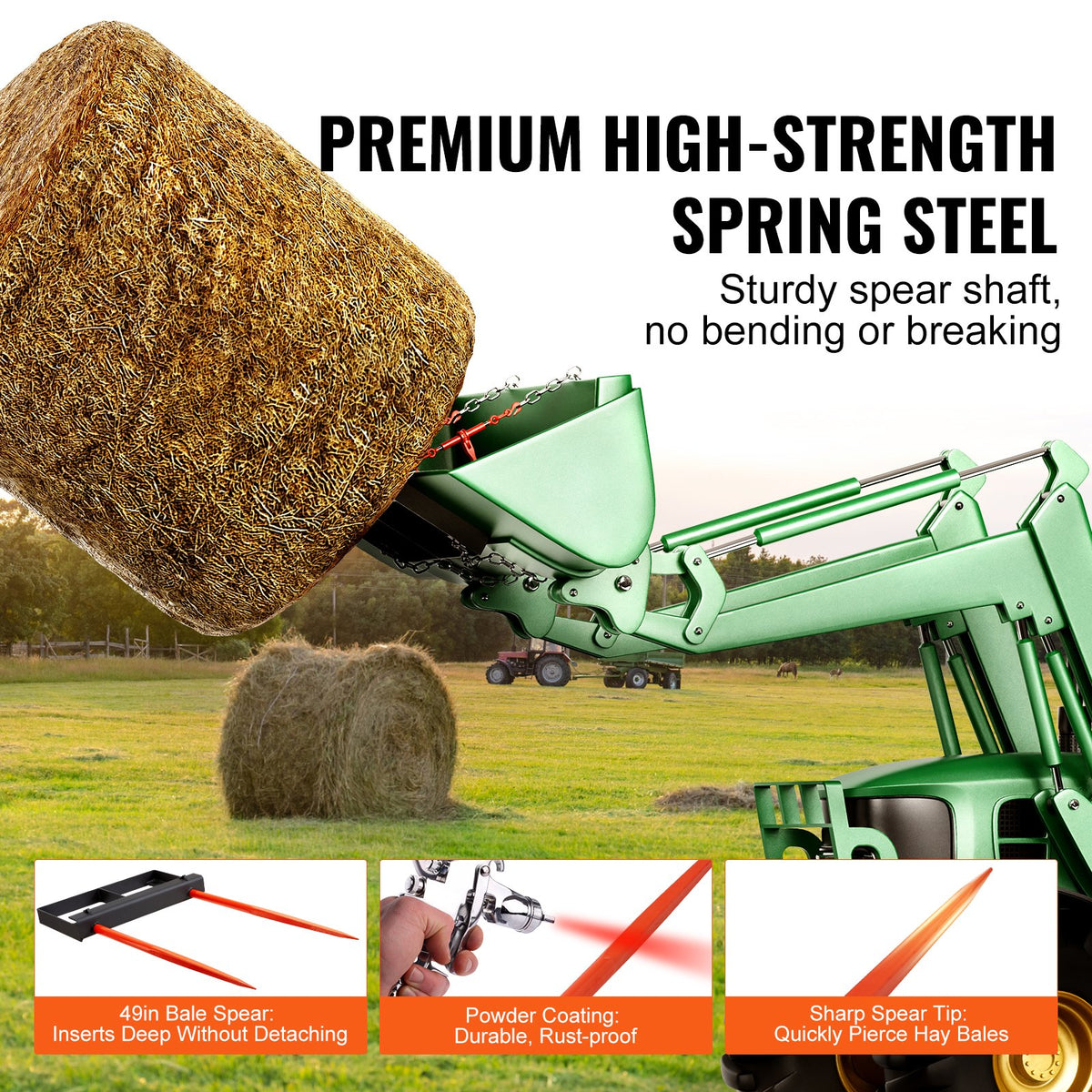 Hay Spear | 49" Bale Spike 1360kg Load | Skid Steer Tractor Bucket Attachment with 2x Stabilizers & 60" Chain