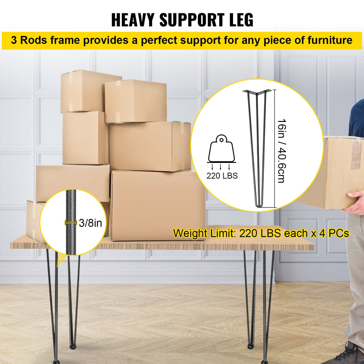 Hairpin Table Legs | Set of 4 Heavy Duty 16" 3-Rod Metal Legs