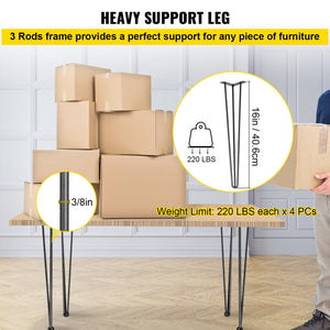 Hairpin Table Legs | Set of 4 Heavy Duty 16" 3-Rod Metal Legs