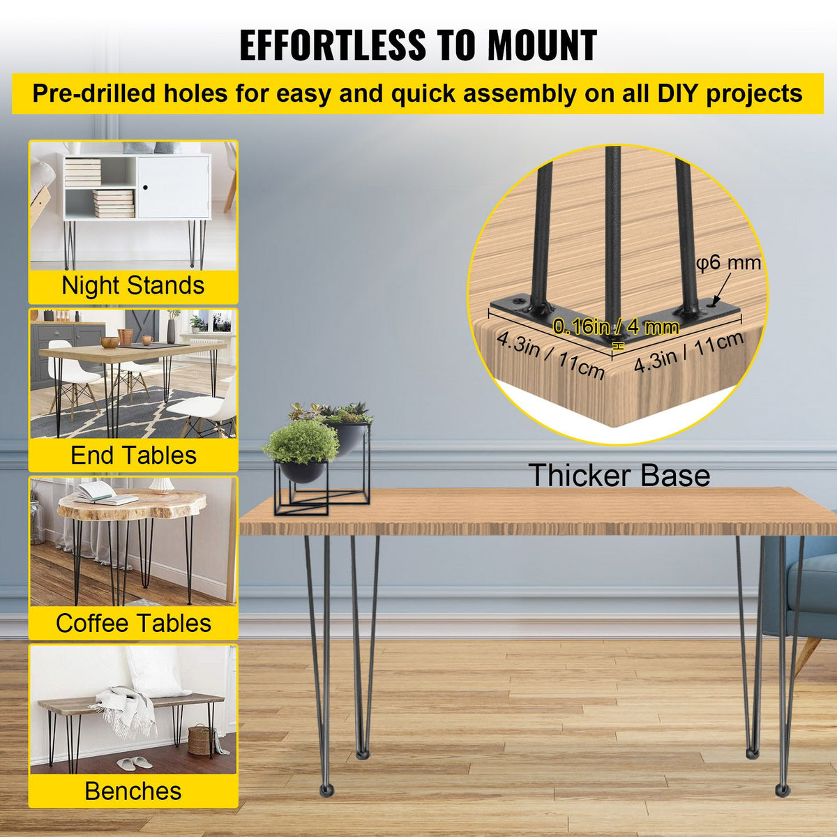 Hairpin Table Legs | Set of 4 Heavy Duty 16" 3-Rod Metal Legs