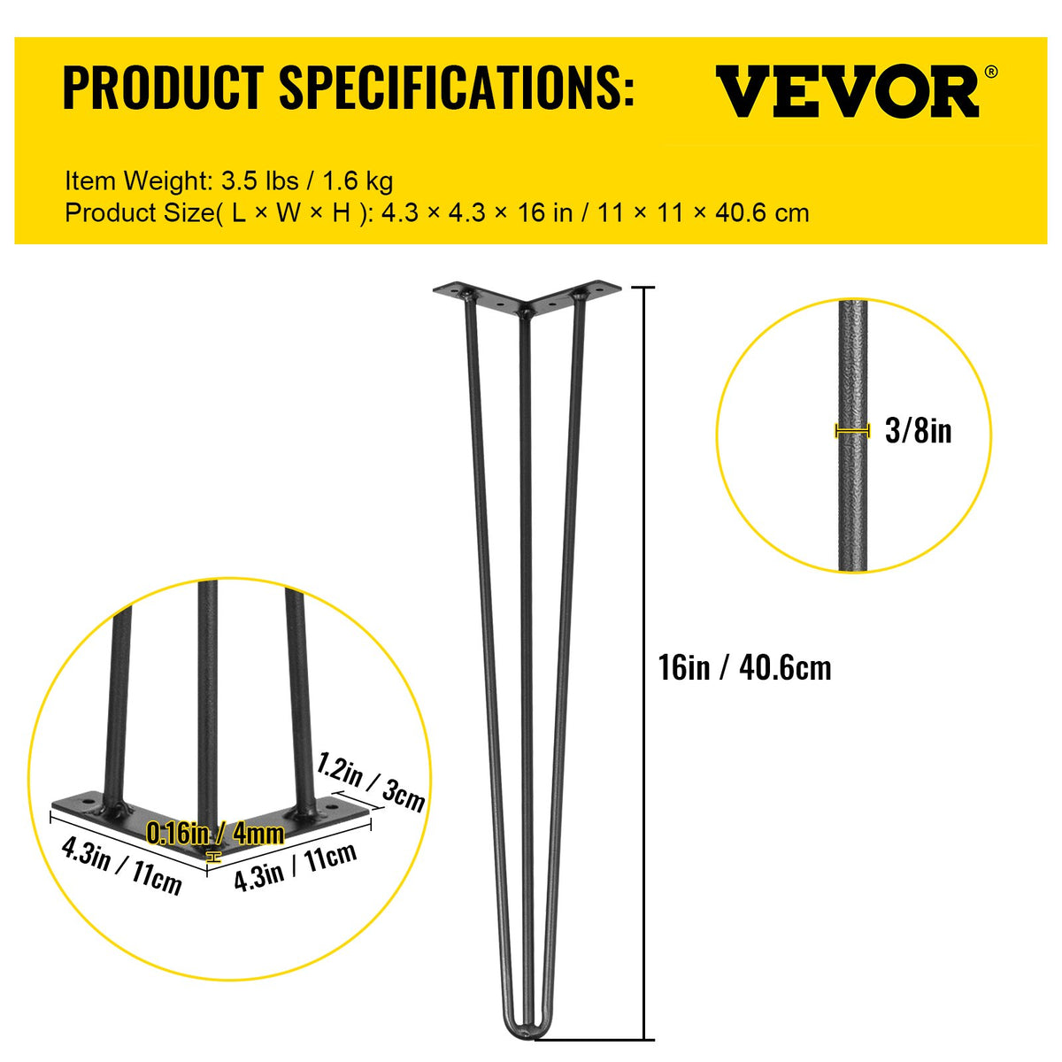 Hairpin Table Legs | Set of 4 Heavy Duty 16" 3-Rod Metal Legs