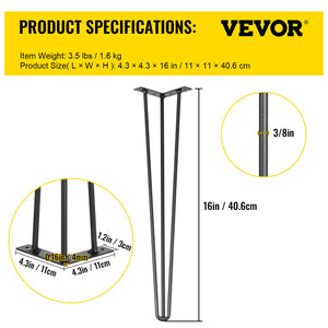 Hairpin Table Legs | Set of 4 Heavy Duty 16" 3-Rod Metal Legs