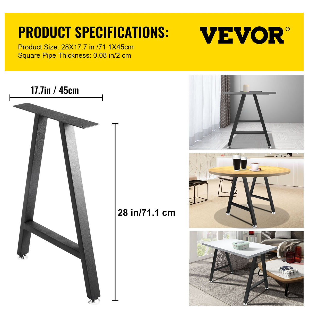 Metal Table Legs 28"x17.7" A-Frame | Heavy Duty Black Wrought Iron | Set of 2 with Floor Protectors