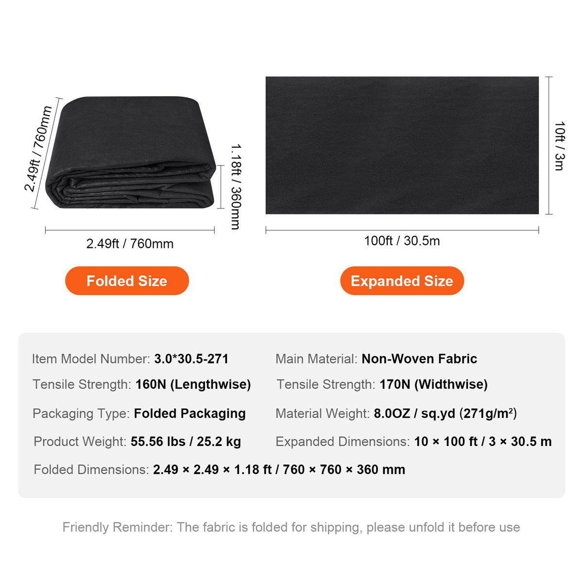 Geotextile Fabric | 10x100ft 8oz Non-Woven Ground Cover for Weed Control | 3.0x30.5m