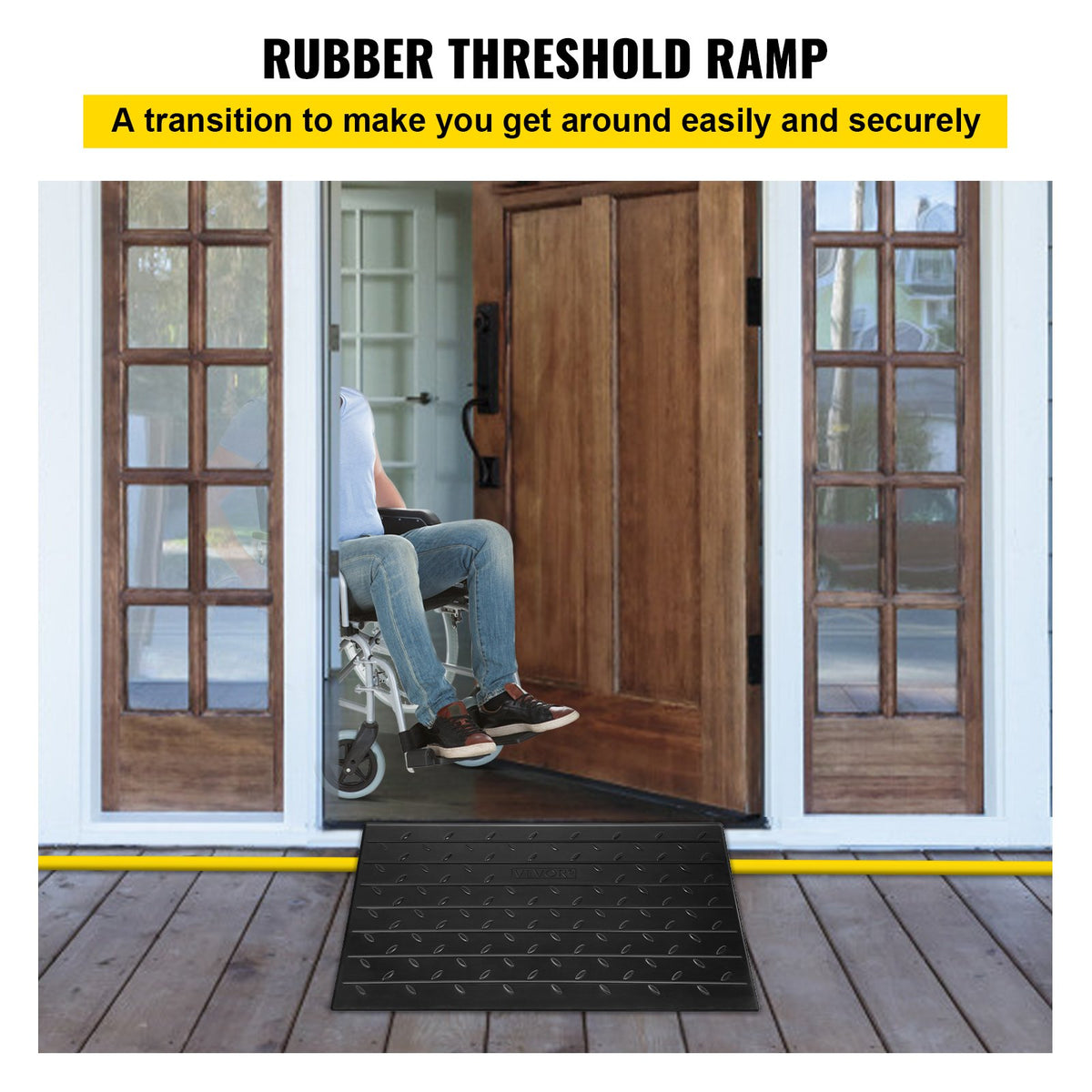 Rubber Threshold Ramp 4 Inch Rise | 3 Channel Cord Cover | Solid Rubber Doorway Entry Ramp | 2200lbs Load Capacity | Wheelchair & Scooter Access Ramp