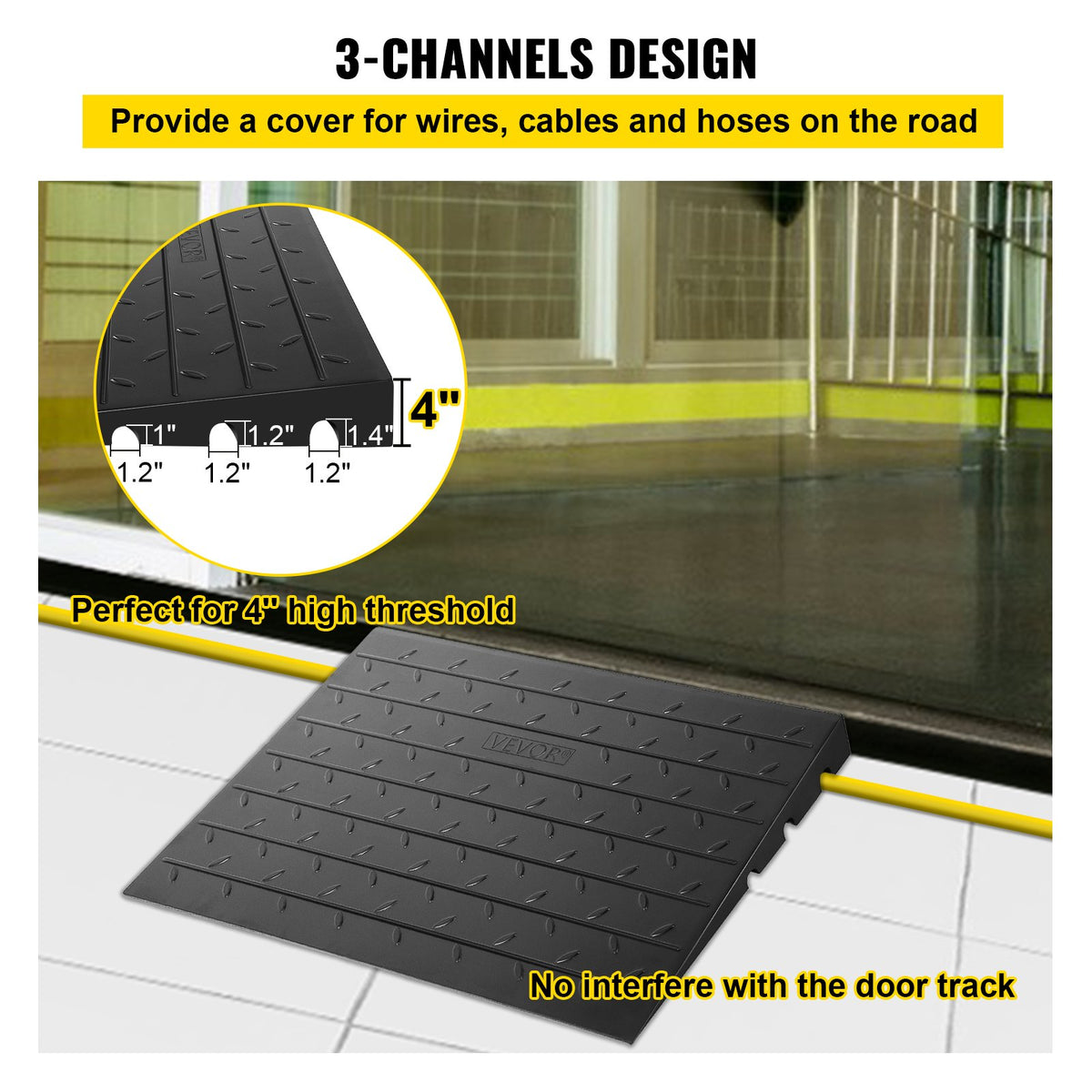 Rubber Threshold Ramp 4 Inch Rise | 3 Channel Cord Cover | Solid Rubber Doorway Entry Ramp | 2200lbs Load Capacity | Wheelchair & Scooter Access Ramp