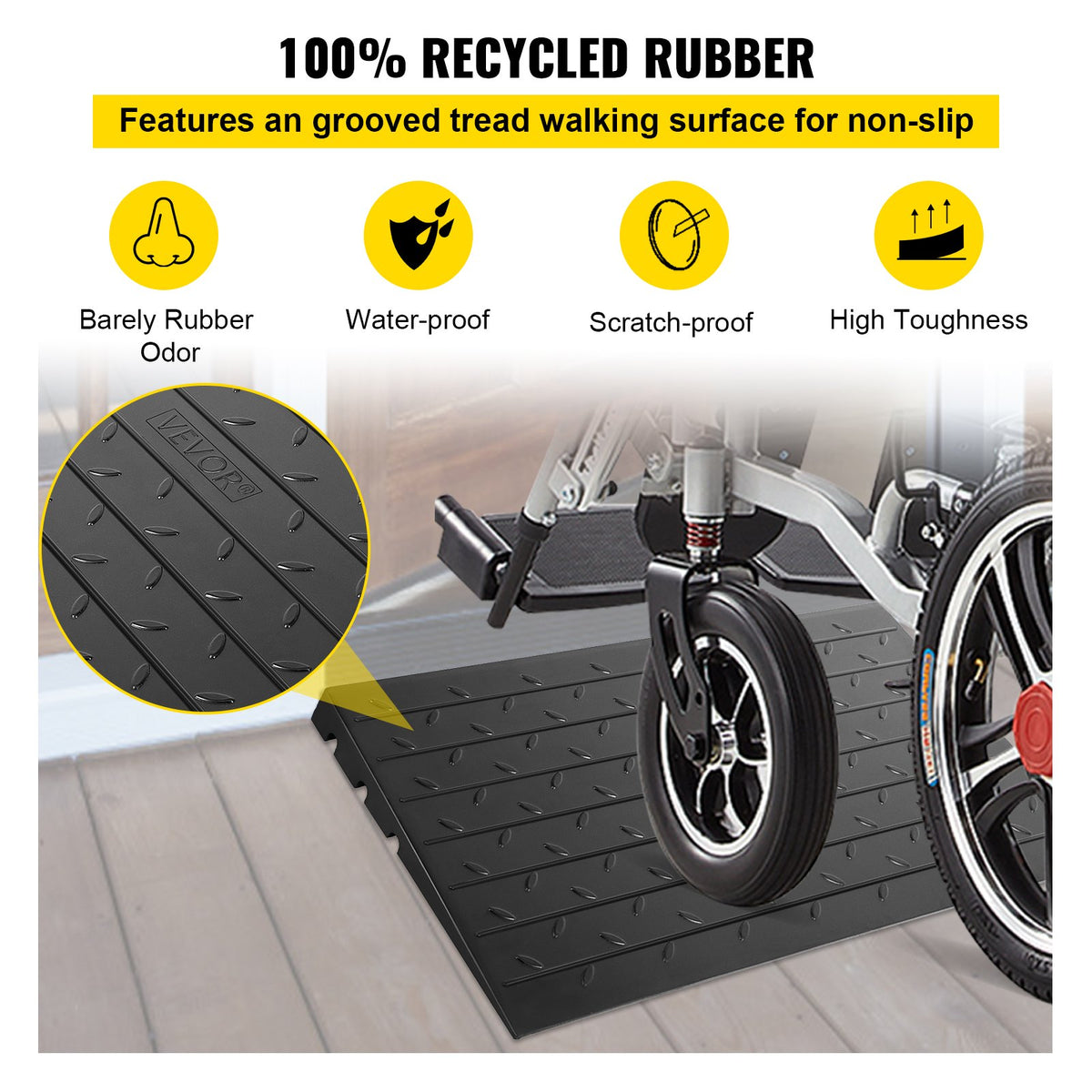 Rubber Threshold Ramp 4 Inch Rise | 3 Channel Cord Cover | Solid Rubber Doorway Entry Ramp | 2200lbs Load Capacity | Wheelchair & Scooter Access Ramp