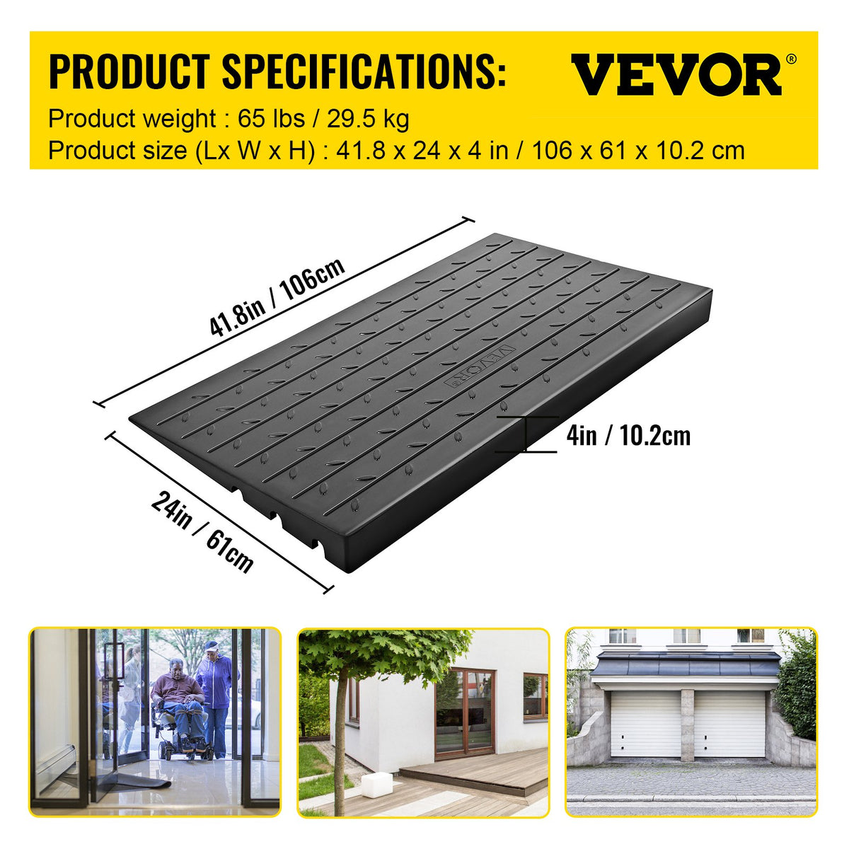 Rubber Threshold Ramp 4 Inch Rise | 3 Channel Cord Cover | Solid Rubber Doorway Entry Ramp | 2200lbs Load Capacity | Wheelchair & Scooter Access Ramp