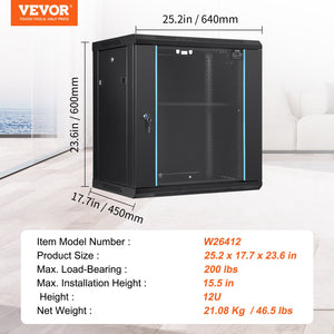 Wall Mount Server Cabinet 393.7mm Deep | Locking Glass Door | 90.72kg Capacity