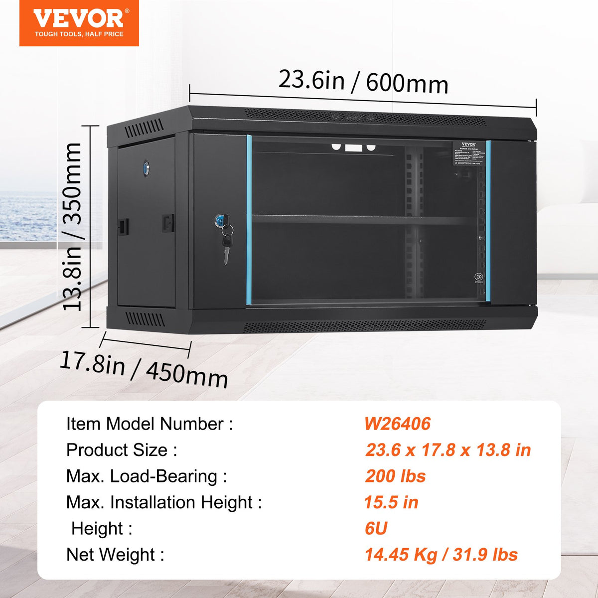 6U Wall Mount Network Cabinet 15.5" Deep | Locking Glass Door & Side Panels | 200lbs Capacity | For IT Equipment & AV Devices