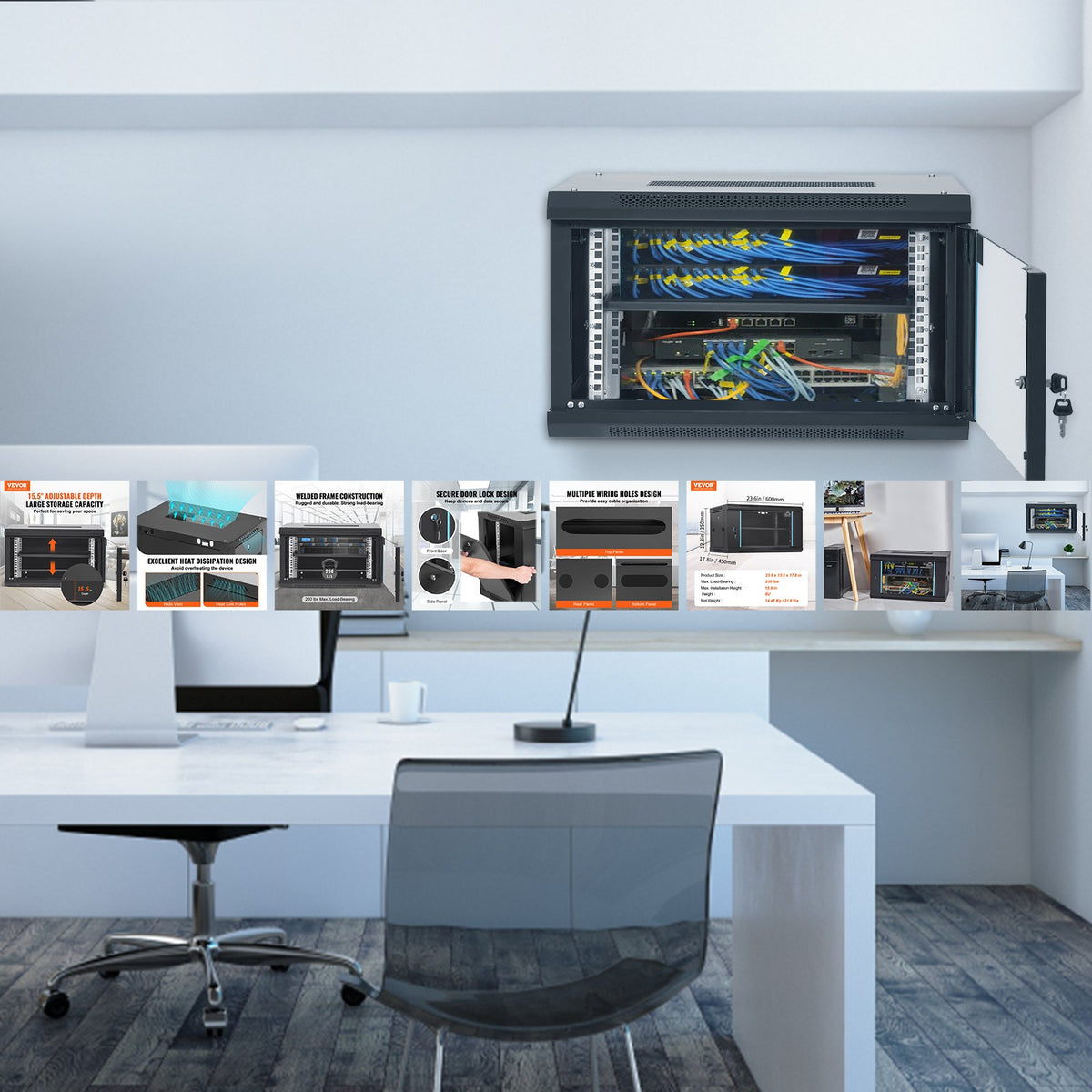 6U Wall Mount Network Cabinet 15.5" Deep | Locking Glass Door & Side Panels | 200lbs Capacity | For IT Equipment & AV Devices