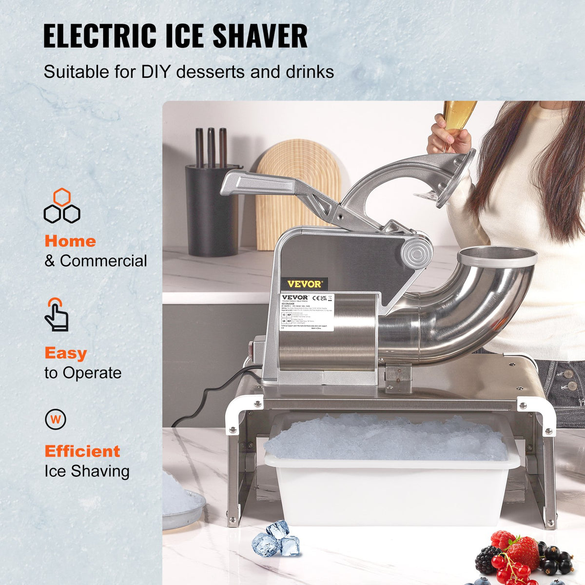 Commercial Ice Shaver | 661lb/hr Electric Snow Cone Machine | Dual Blade 350W Ice Crusher