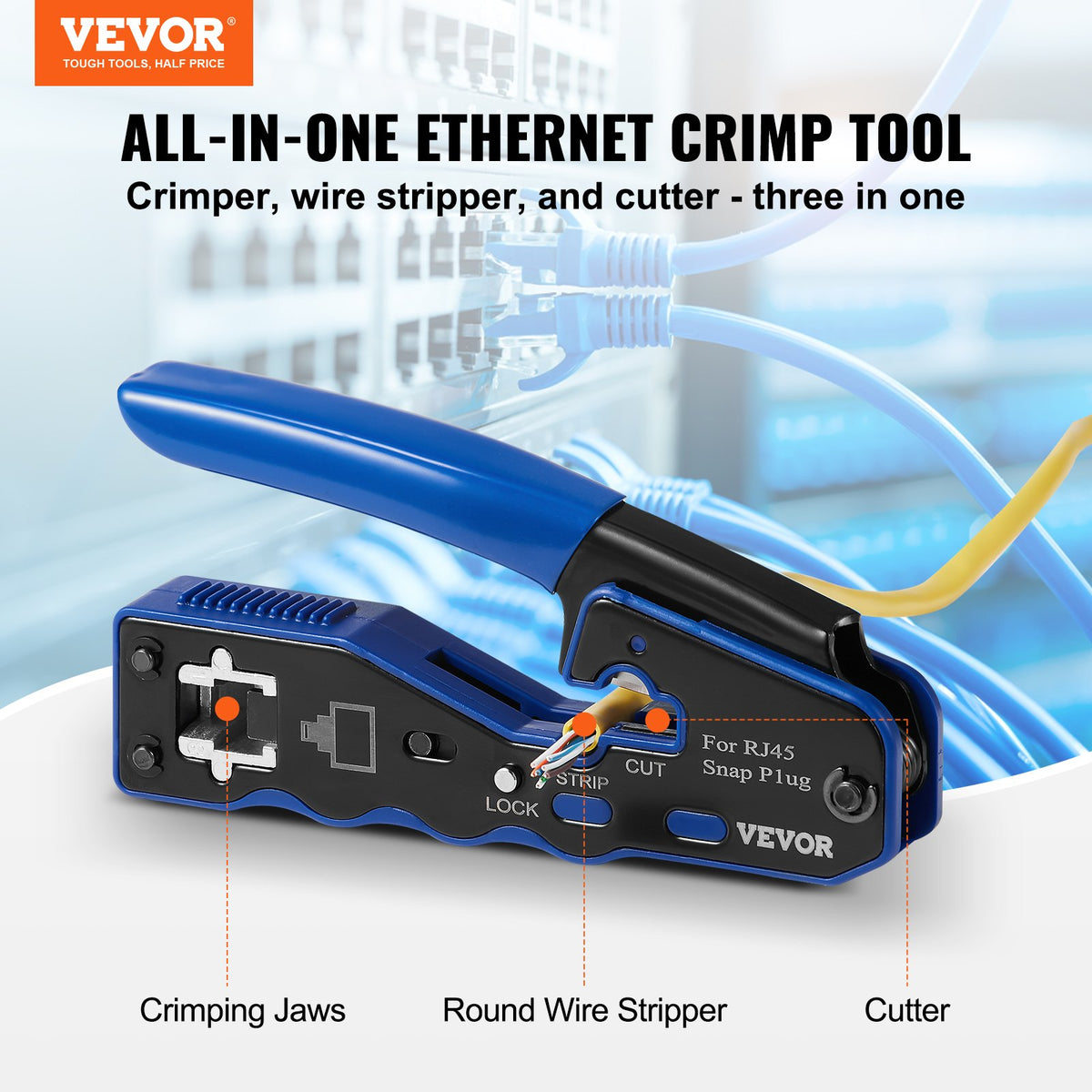 RJ45 Crimp Tool Kit | Ethernet Crimper with 20 Pass-Through Connectors | Wire Stripper & Tester Included