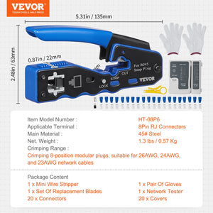 RJ45 Crimp Tool Kit | Ethernet Crimper with 20 Pass-Through Connectors | Wire Stripper & Tester Included