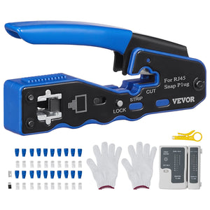 RJ45 Crimp Tool Kit | Ethernet Crimper with 20 Pass-Through Connectors | Wire Stripper & Tester Included