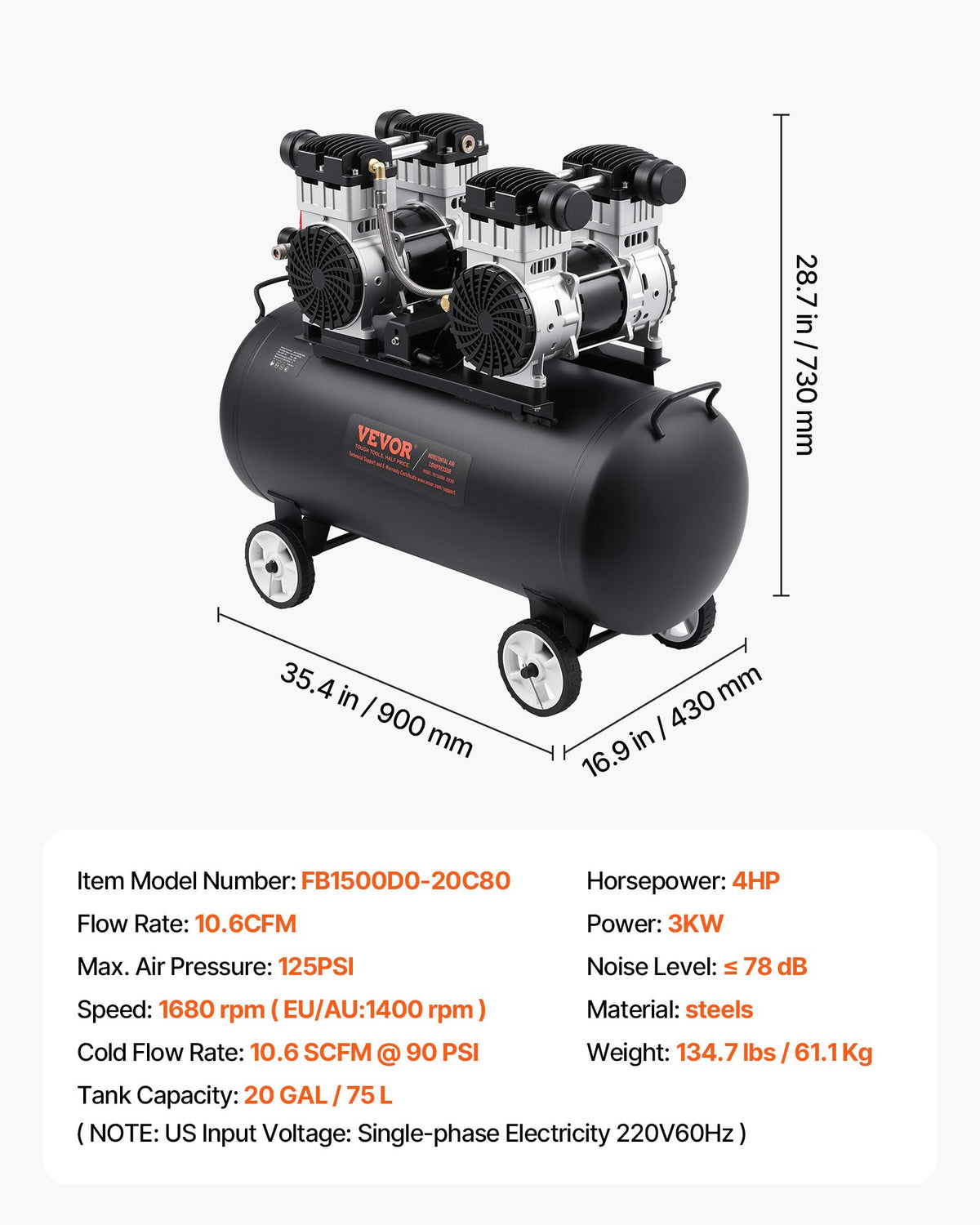 Air Compressor 75L | Compact Portable Oil-Free | 90 PSI