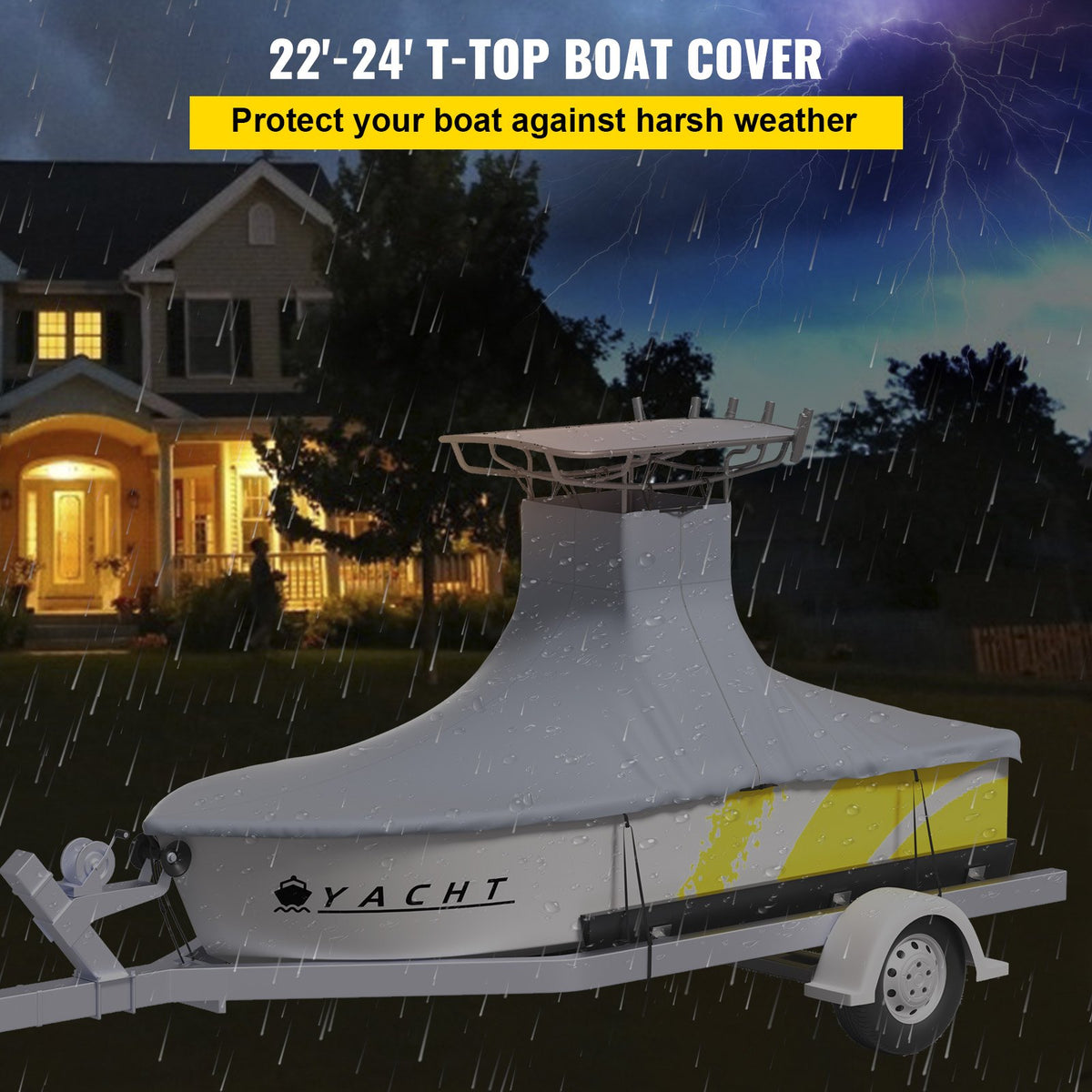 T-Top Boat Cover | Fits 22'-24' | 600D Oxford Waterproof Center Console Cover with Straps | Gray