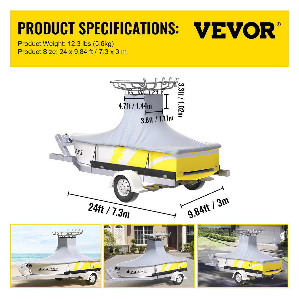 T-Top Boat Cover | Fits 22'-24' | 600D Oxford Waterproof Center Console Cover with Straps | Gray