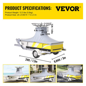 T-Top Boat Cover | Fits 22'-24' | 600D Oxford Waterproof Center Console Cover with Straps | Gray