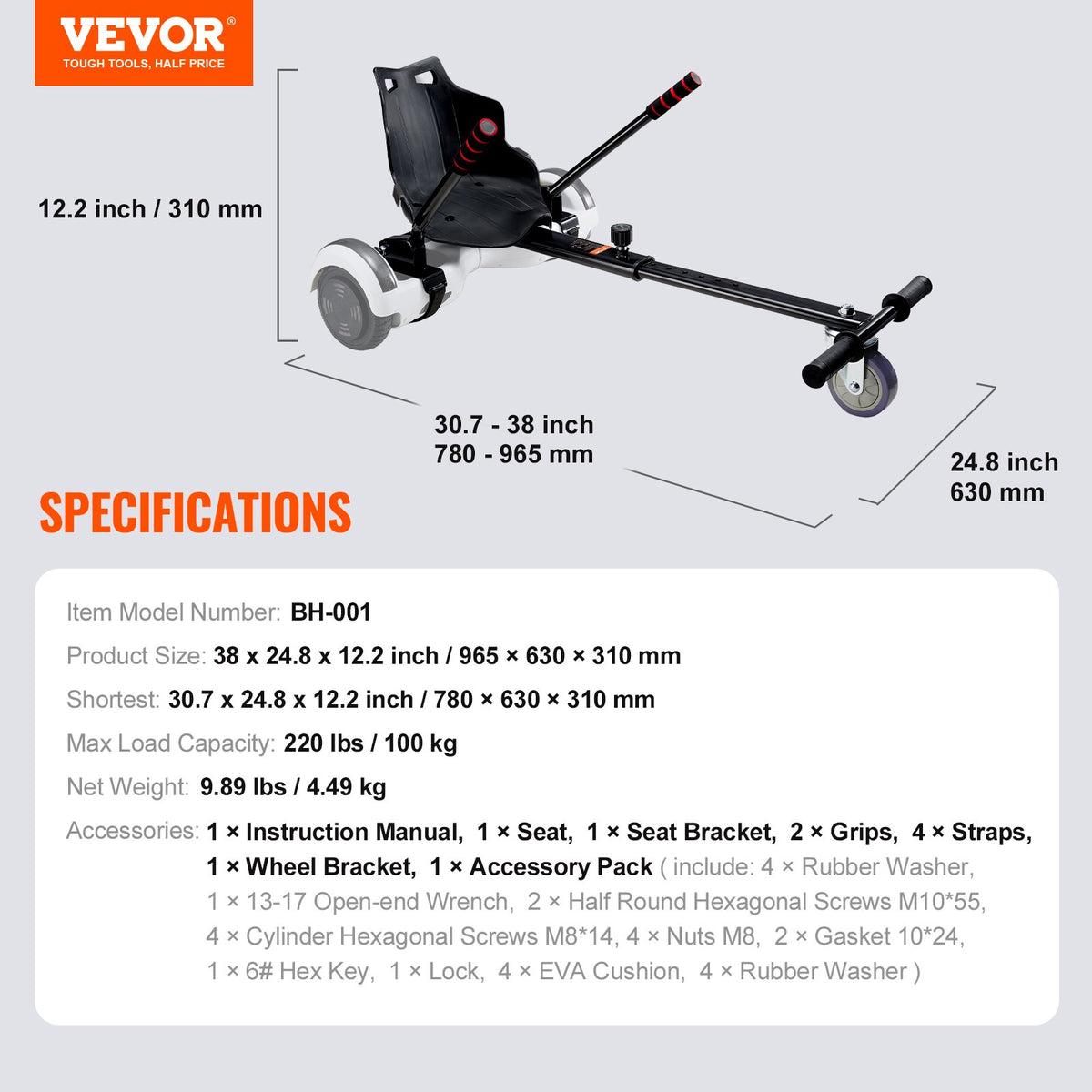 Hoverboard Seat Attachment | Adjustable Frame | Fits 16.5-25.4cm Hoverboards | 99.8kg Capacity | For Kids & Adults