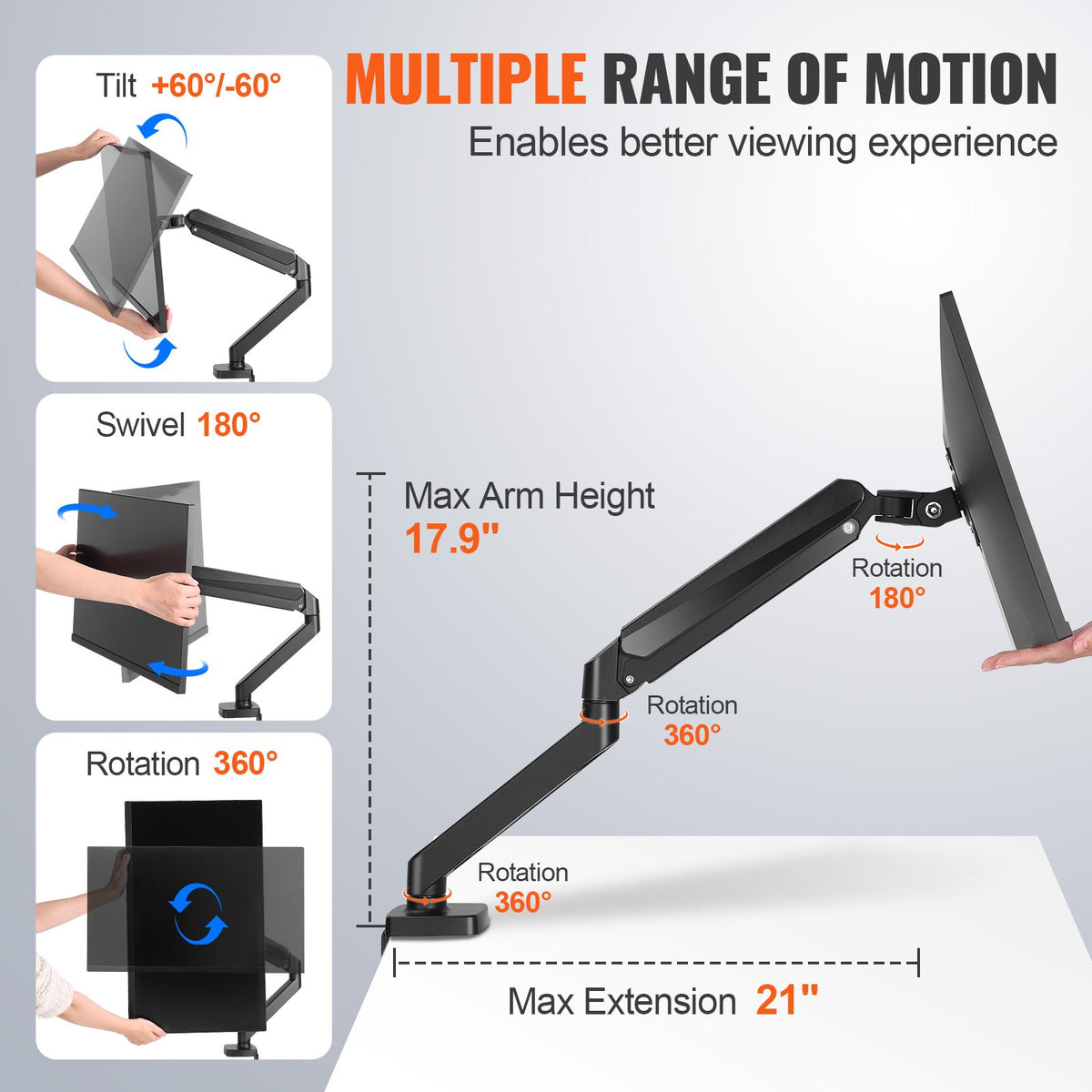 Single Monitor Mount 13"-32" | Gas Spring Arm | 9.1kg Capacity | C-Clamp or Grommet Mount