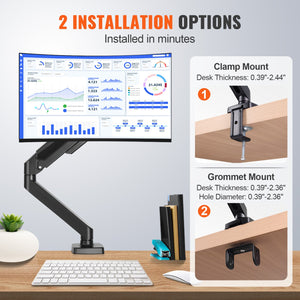 Single Monitor Mount 13"-32" | Gas Spring Arm | 9.1kg Capacity | C-Clamp or Grommet Mount