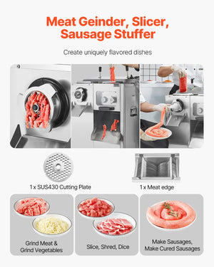 Meat Grinder & Slicer | 6.35kg/min Sausage Maker | Stainless Steel