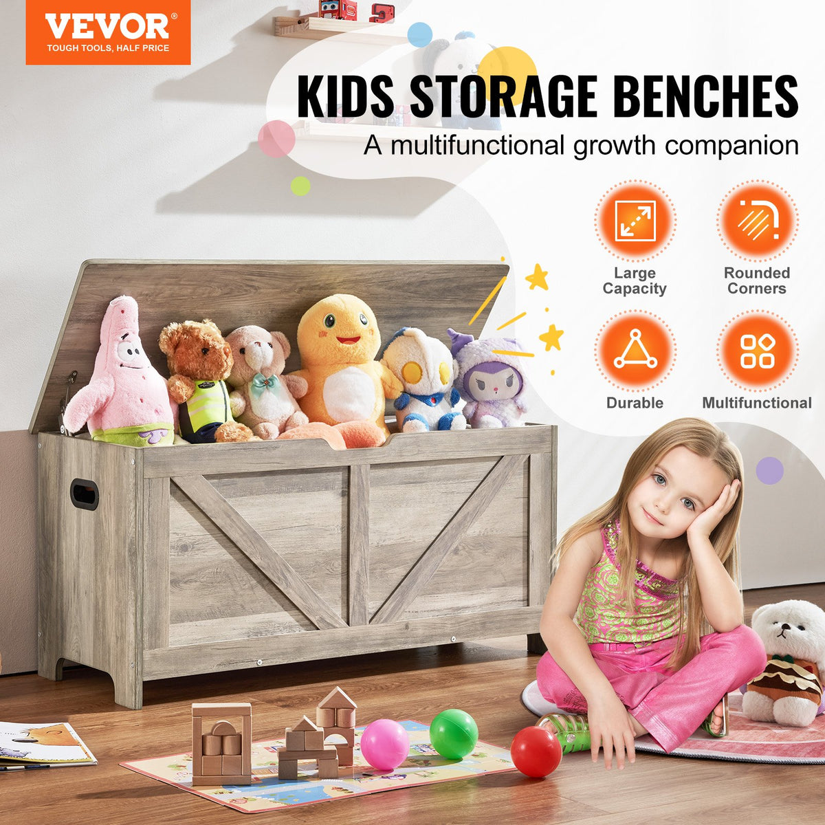 Toy Storage Bench | Wooden 38.98"x15.55"x18.9" Chest for Kids Toys | Grey