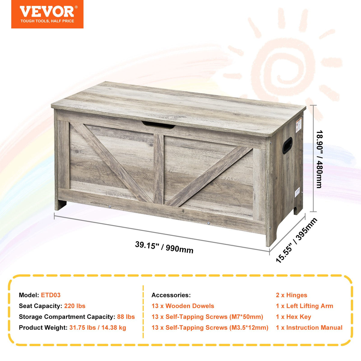 Toy Storage Bench | Wooden 38.98"x15.55"x18.9" Chest for Kids Toys | Grey