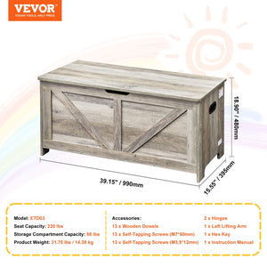 Toy Storage Bench | Wooden 38.98"x15.55"x18.9" Chest for Kids Toys | Grey