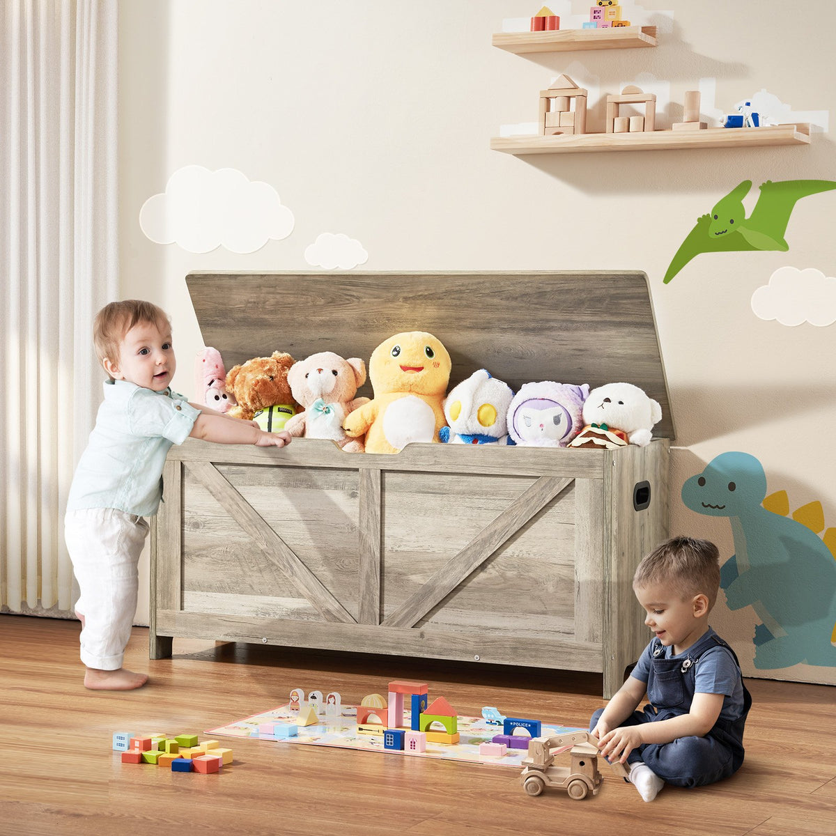 Toy Storage Bench | Wooden 38.98"x15.55"x18.9" Chest for Kids Toys | Grey
