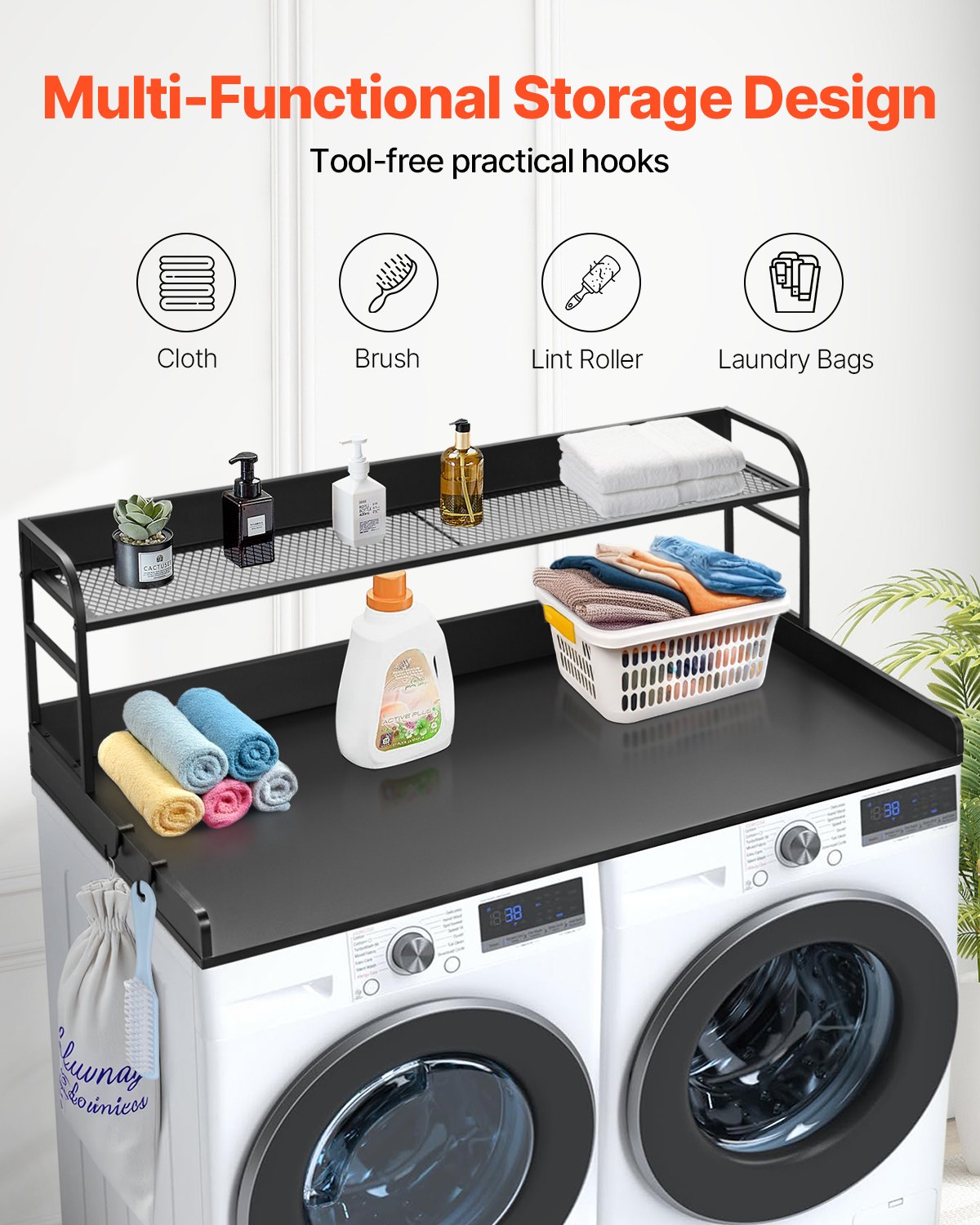 Washer Dryer Countertop | 54x27" Wooden Cover with Storage Shelf | Black
