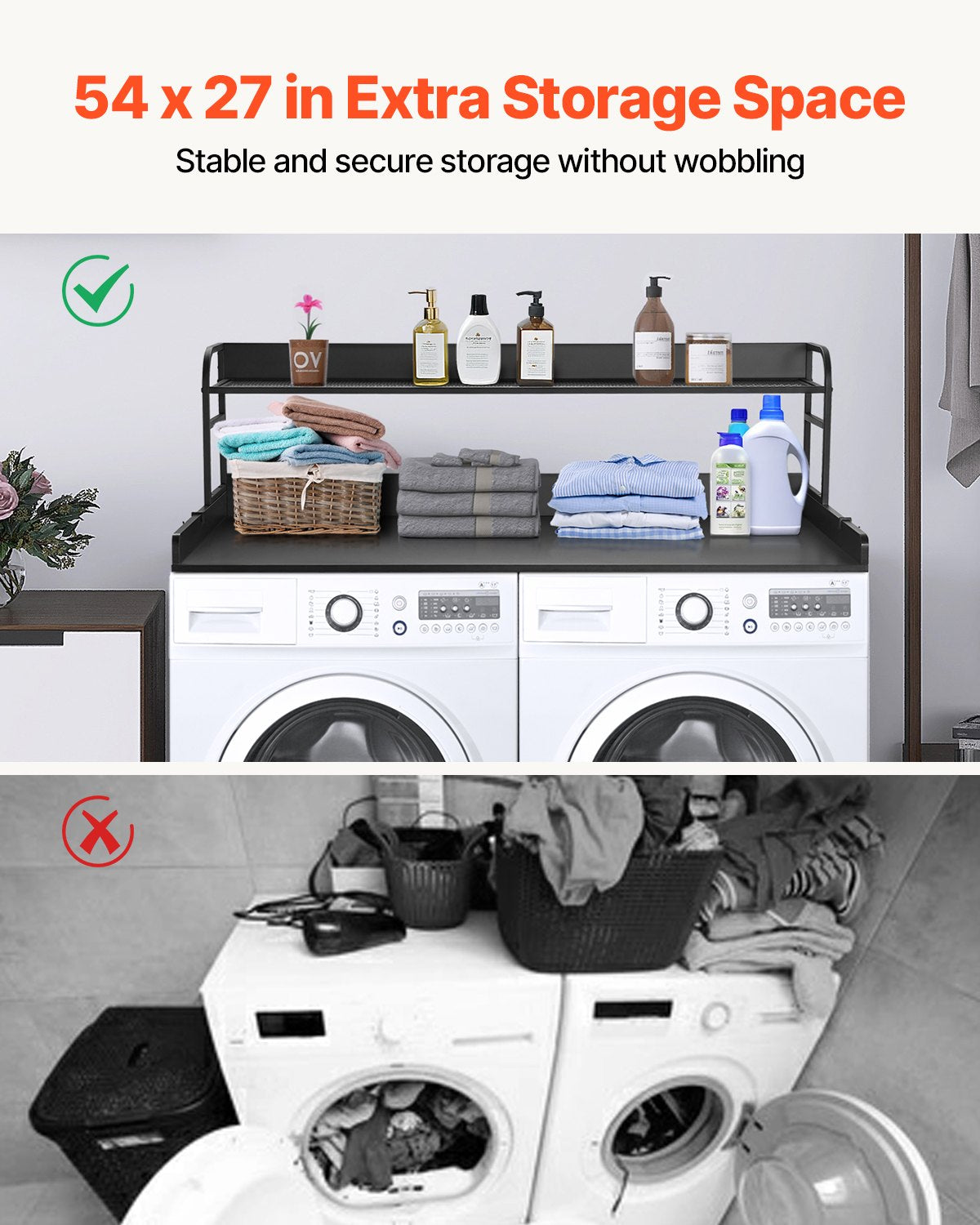 Washer Dryer Countertop | 54x27" Wooden Cover with Storage Shelf | Black